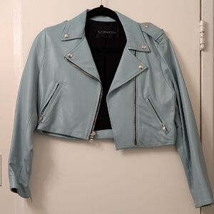 Reformation Cropped Light Blue Motorcycle Jacket Size M